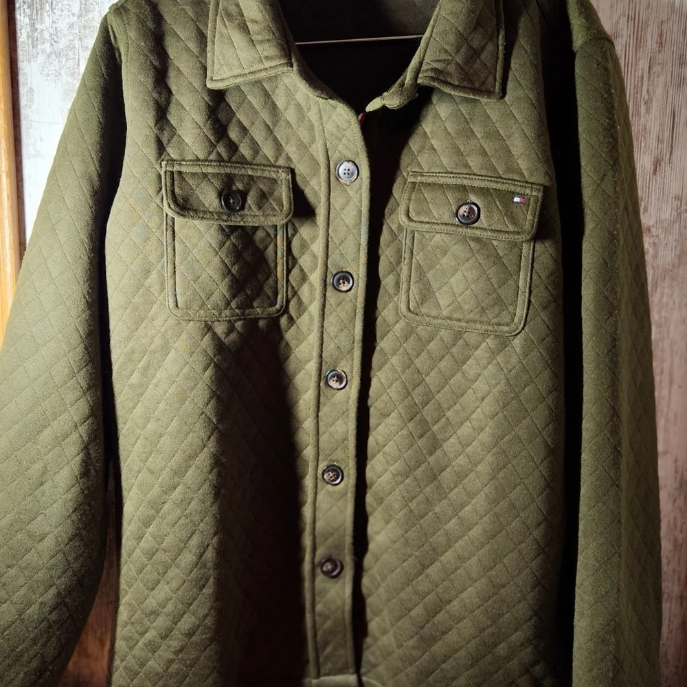 Tommy Hilfiger Olive Green Quilted Shirt Jacket Outerwear Heavy Fleece Material